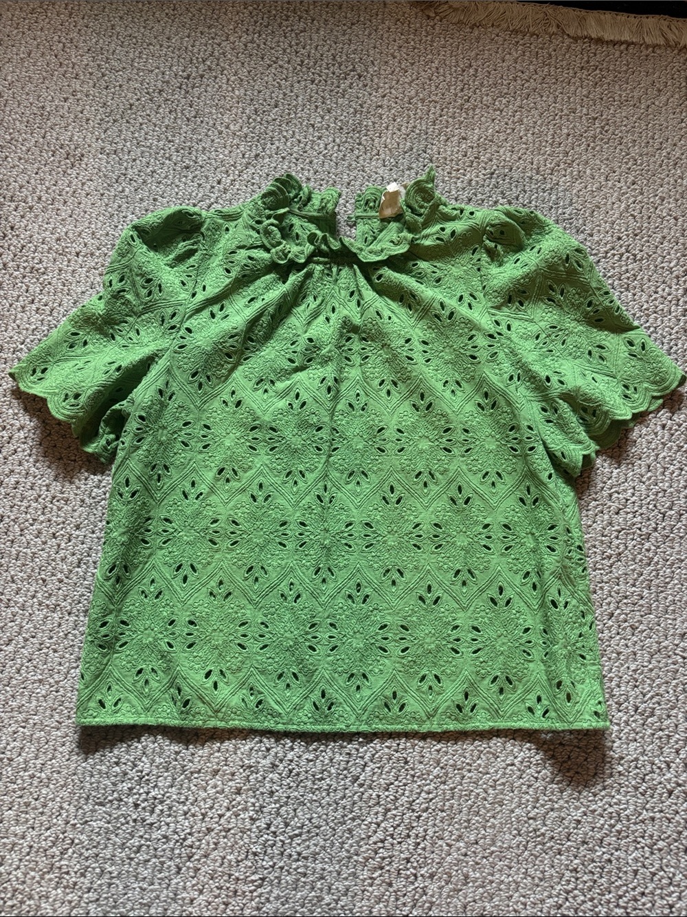 Sezane Green Eyelet Ruffle-Neck Blouse